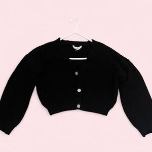 Black Women's Sweater with Rhinestone Flower Buttons